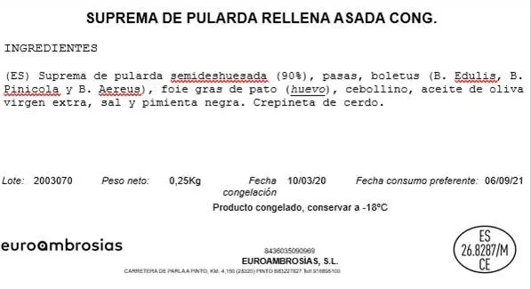 Etiqueta blanca de una suprema de pularda rellena asada congelada elaborada por Euroambrosias